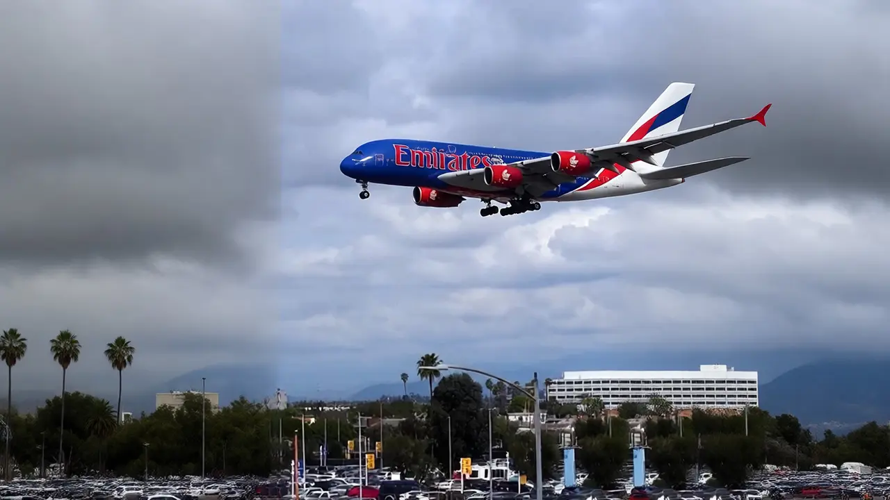 بالفيديو: هبوط «الإمارات A380» بطلاء NBA يأسر لوس أنجلوس